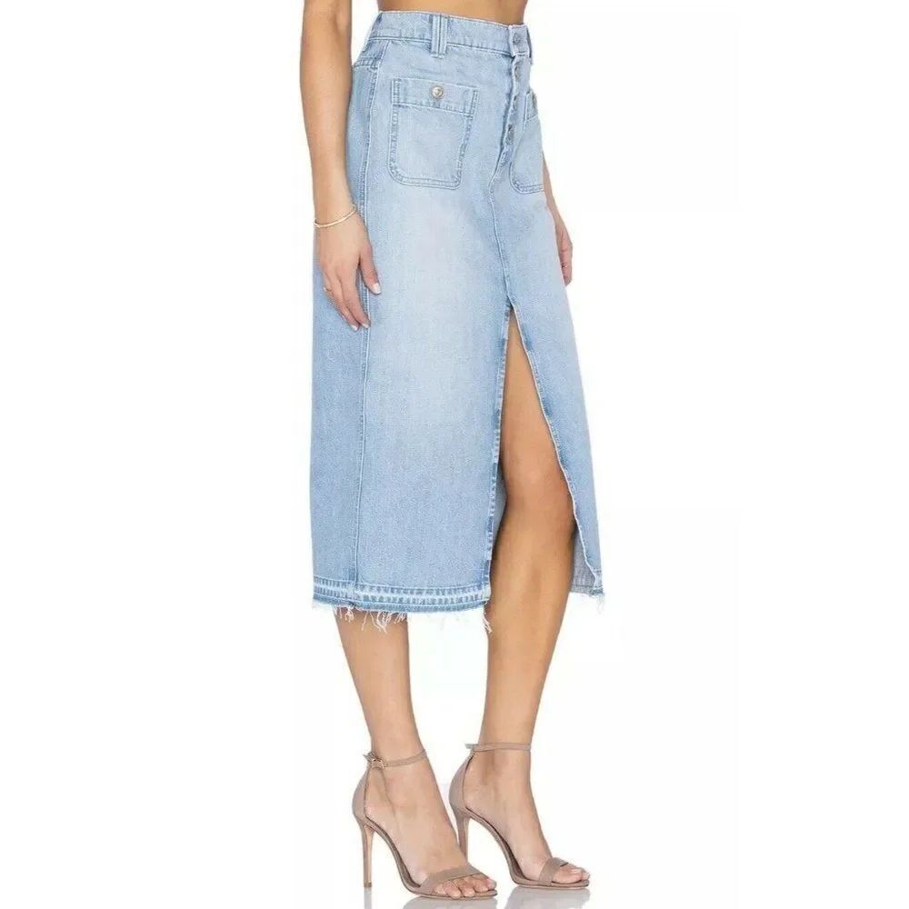 NWT 7 FOR ALL MANKIND Sz 26 EXPOSED BUTTONS DENIM MIDI SKIRT LIGHT BLUE $198
